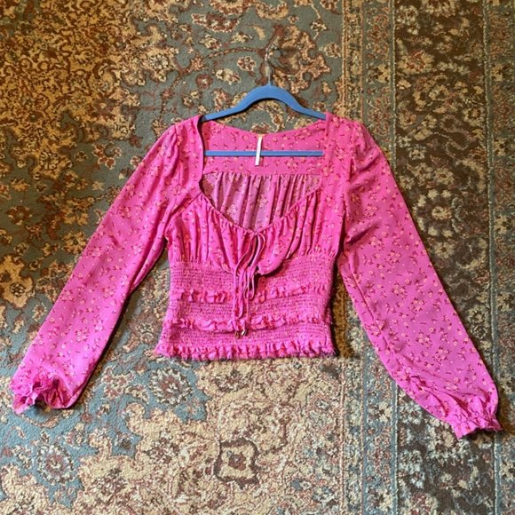 Free People Pink Peasant Top Smocked size S - Picture 4 of 8